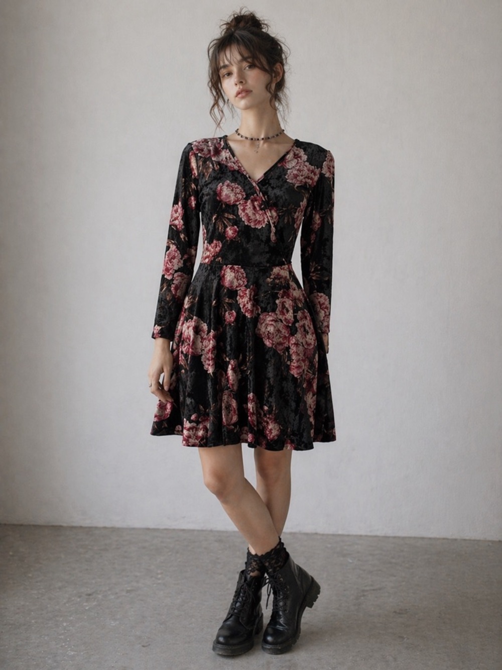 VTG Y2K 90s Woman Black Velvet Floral Wrap Flare Romantic Fairy Dress SMALL Goth